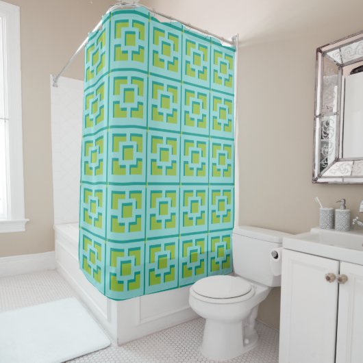 Retro Turquoise en Green Trellis Shower Curtain Douchegordijn (In situ)