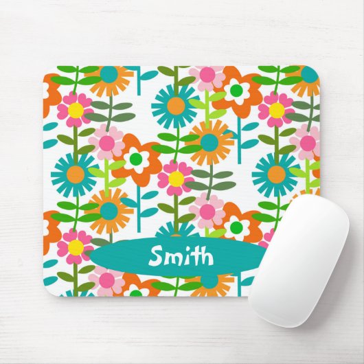 Retro Turquoise en Oranje bloemen Muismat (Met muis)
