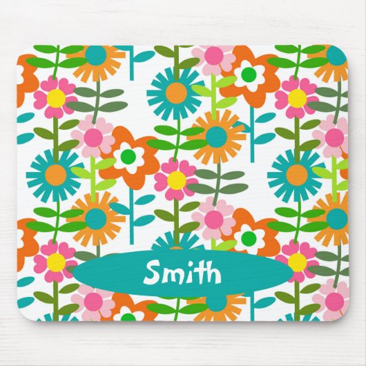 Retro Turquoise en Oranje bloemen Muismat (Voorkant)