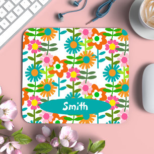 Retro Turquoise en Oranje bloemen Muismat