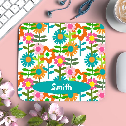 Retro Turquoise en Oranje bloemen Muismat