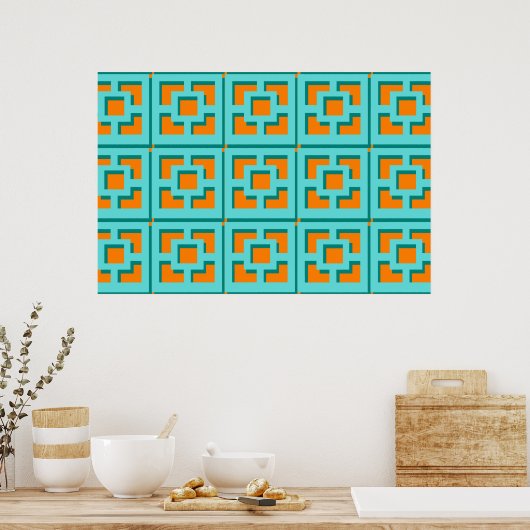 Retro Turquoise en Oranje Poster papier (Matte) (Keuken)