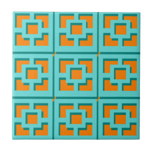Retro Turquoise en Oranje Trellis Ceramic Tile Tegeltje