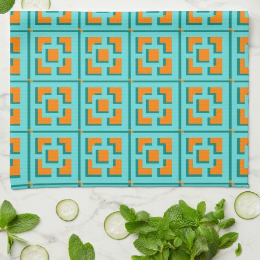 Retro Turquoise en Oranje Trellis Kitchen Towels Theedoek (Gevouwen)