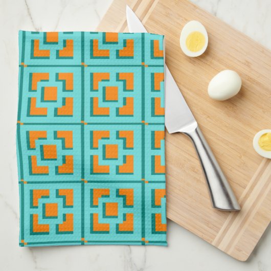 Retro Turquoise en Oranje Trellis Kitchen Towels Theedoek (Quarter Fold)