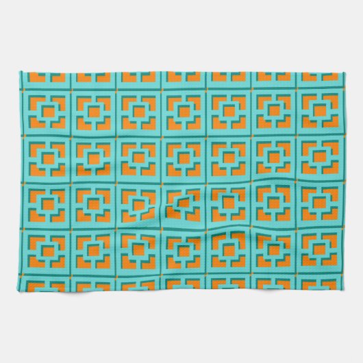 Retro Turquoise en Oranje Trellis Kitchen Towels Theedoek (Horizontaal)