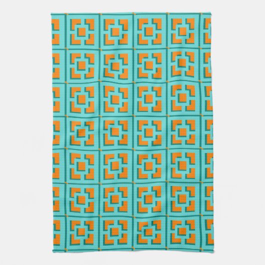 Retro Turquoise en Oranje Trellis Kitchen Towels Theedoek (Verticaal)