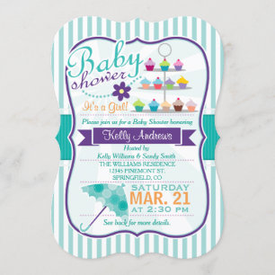 Retro turquoise en Paarse Baby shower Kaart