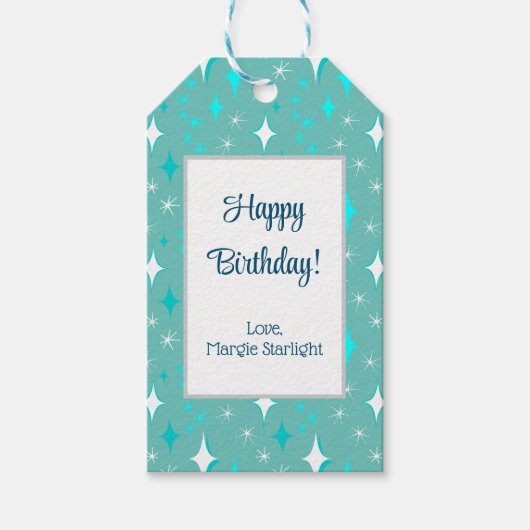 Retro Turquoise en Wit Ster Patroon Bewerkbaar Cadeaulabel (Voorkant)