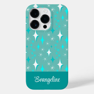 Retro Turquoise en Wit Sterrenpatroon Bewerkbaar Case-Mate iPhone 14 Pro Hoesje