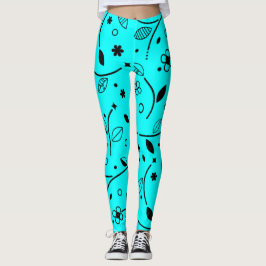 Retro turquoise en zwarte lijnkunst bloemenlegging leggings