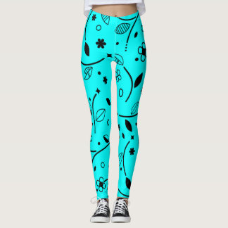 Retro turquoise en zwarte lijnkunst bloemenlegging leggings