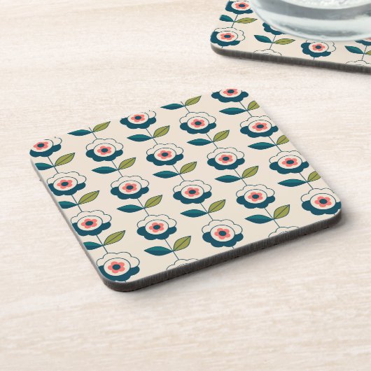 Retro Turquoise Floral Pattern Bier Onderzetter (Linkerzijde)