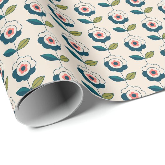Retro Turquoise Floral Pattern Cadeaupapier (Rol Hoek)