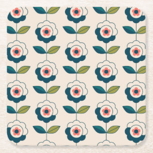 Retro Turquoise Floral Pattern Kartonnen Onderzetters