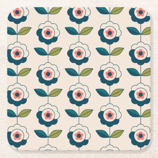 Retro Turquoise Floral Pattern Kartonnen Onderzetters (Voorkant)