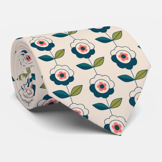 Retro Turquoise Floral Pattern Stropdas (Opgerold)