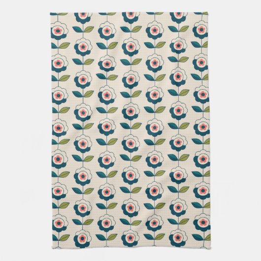 Retro Turquoise Floral Pattern Theedoek (Verticaal)