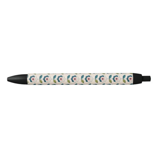 Retro Turquoise Floral Pattern Zwarte Inkt Pen (Voorkant)