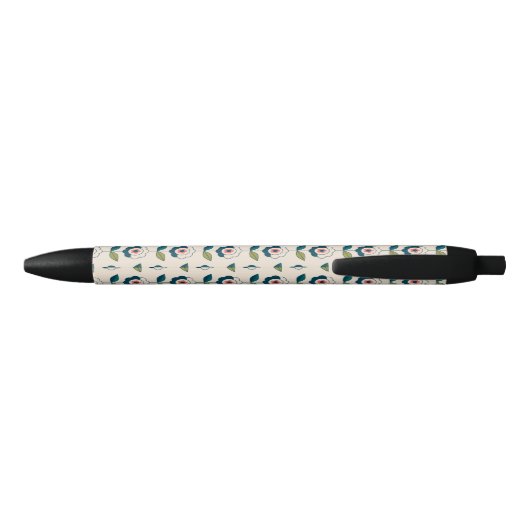 Retro Turquoise Floral Pattern Zwarte Inkt Pen (Achterkant)