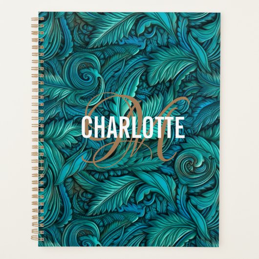 Retro turquoise gereedschappen leer monogram naam planner (Voorkant)
