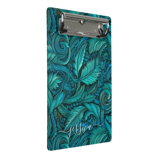 Retro turquoise gereedschappen leren scriptnaam mini klembord (Schuin)