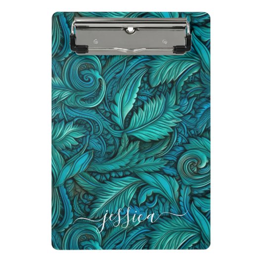 Retro turquoise gereedschappen leren scriptnaam mini klembord (Voorkant)