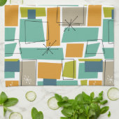 Retro Turquoise Groen Sinaasappel Squares Middelee Theedoek (Gevouwen)