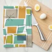 Retro Turquoise Groen Sinaasappel Squares Middelee Theedoek (Quarter Fold)