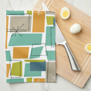 Retro Turquoise Groen Sinaasappel Squares Middelee Theedoek
