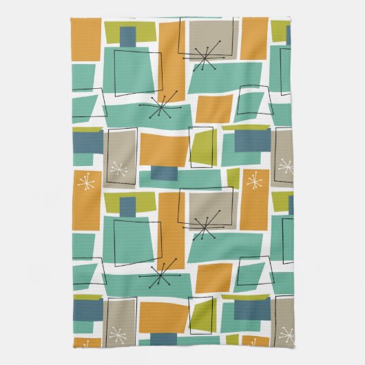 Retro Turquoise Groen Sinaasappel Squares Middelee Theedoek (Verticaal)