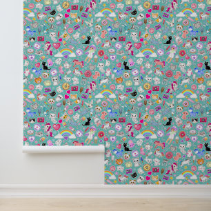 Retro Turquoise Kawaii Cartoon Decora Kwekerij Behang