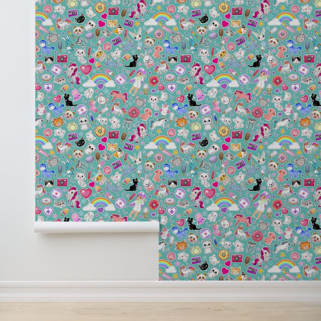 Retro Turquoise Kawaii Cartoon Decora Kwekerij Behang (Applicatie)