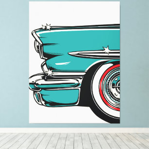 Retro Turquoise Kleur Sportwagen Voorkant Pop Art Canvas Afdruk