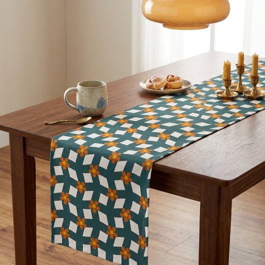 Retro Turquoise & Oranje Bloemen Table Runner Korte Tafelloper