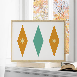 Retro Turquoise Oranje Cream Stars Diamonds Poster