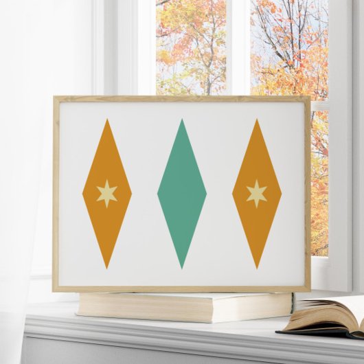 Retro Turquoise Oranje Cream Stars Diamonds Poster