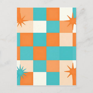Retro Turquoise Oranje Steruitbarsting Schachbrett Briefkaart