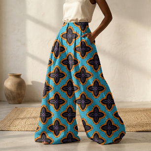 Retro Turquoise Oranje Zwart Geometrisch Patroon Stof