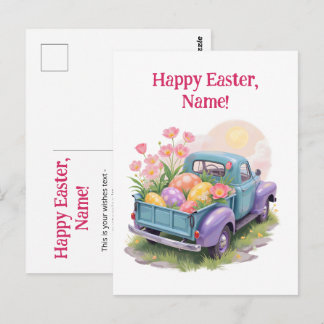 Retro Turquoise & Paarse Vrachtwagen met Paaseiere Briefkaart