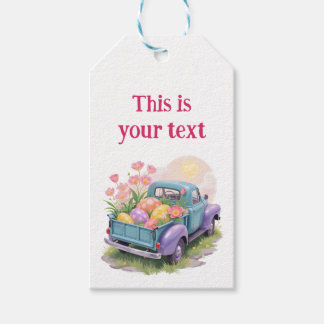 Retro Turquoise & Paarse Vrachtwagen met Paaseiere Cadeaulabel