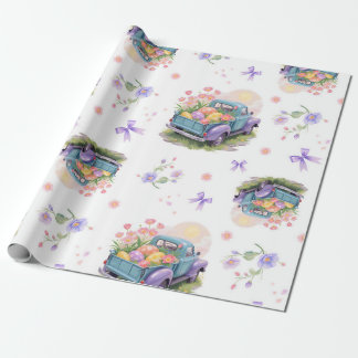 Retro Turquoise & Paarse Vrachtwagen met Paaseiere Cadeaupapier