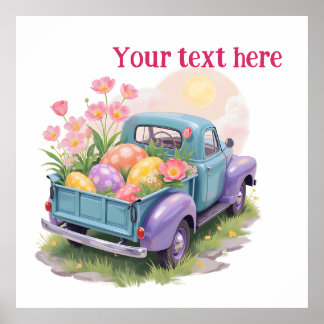 Retro Turquoise & Paarse Vrachtwagen met Paaseiere Poster
