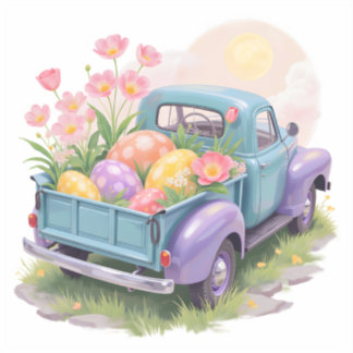 Retro Turquoise & Paarse Vrachtwagen met Paaseiere Sticker