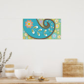 Retro turquoise paisley met bloemen poster (Keuken)
