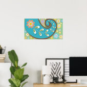 Retro turquoise paisley met bloemen poster (Thuiskantoor)