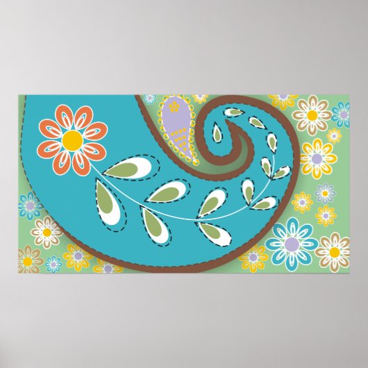 Retro turquoise paisley met bloemen poster (Voorkant)