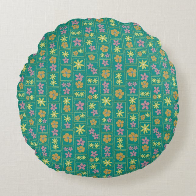 Retro Turquoise Patchwork Bloem 16"  Rond Kussen (Voorkant)