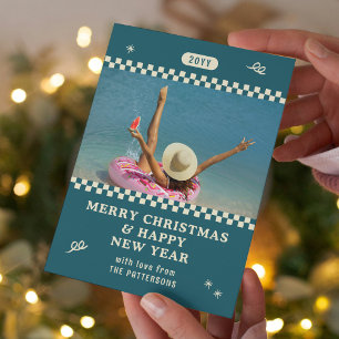 Retro Turquoise Persoonlijke Kerst Foto Feestdagenkaart