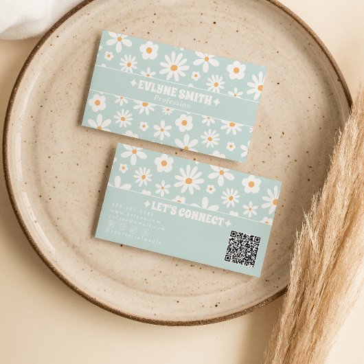 Retro Turquoise QR Code 70s Groovy Bloem Boho Unie Visitekaartje